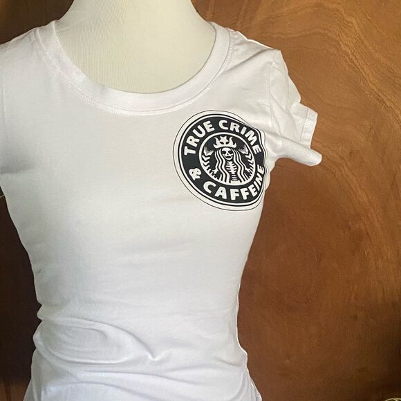 “True Crime & Caffeine”, White Ladies Fitted Tee, S-3X - Picture 5 of 9